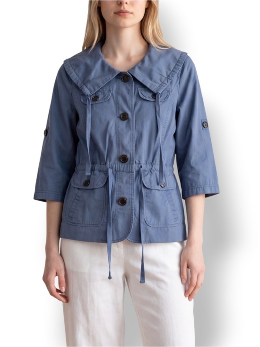 4/$20 LOFT Ann Taylor Blue Utility Jacket Peter Pan Collar Roll Tab Sleeves S